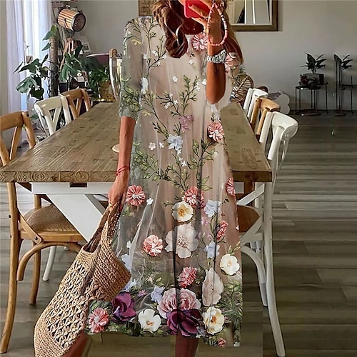 

Women's Casual Dress Shift Dress Midi Dress Khaki 3/4 Length Sleeve Floral Ruched Print Fall Spring Round Neck Casual Vacation 2022 S M L XL XXL 3XL