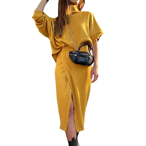 

Women's Dress Set Two Piece Dress Sheath Dress Long Dress Maxi Dress Yellow Long Sleeve Pure Color Split Winter Fall Turtleneck Modern Winter Dress Weekend Fall Dress Loose Fit 2022 S M L XL