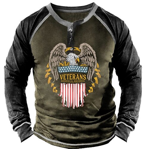 

Men's Henley Shirt Tee T shirt Tee 3D Print Graphic Color Block Eagle Plus Size Henley Daily Sports Patchwork Button-Down Long Sleeve Tops Designer Basic Casual Classic Army Green