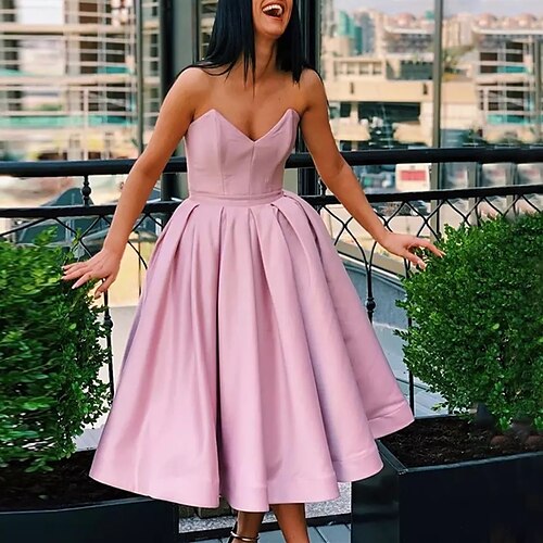 

A-Line Party Dresses Elegant Dress Graduation Tea Length Sleeveless Strapless Satin with Pleats Pure Color 2022