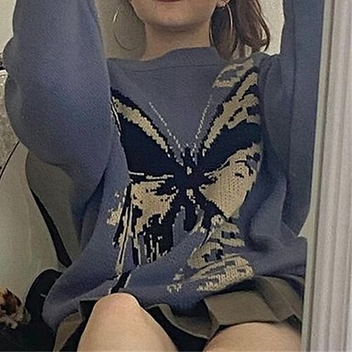 

Women's Pullover Sweater Jumper Crochet Knit Knitted Butterfly Crew Neck Stylish Casual Daily Holiday Fall Winter Blue S M L / Long Sleeve / Going out / Loose