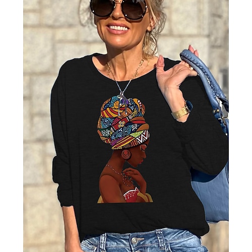 

Women's Pullover Casual Print Black Blue Gray Portrait Loose Casual Round Neck Long Sleeve S M L XL XXL 3XL