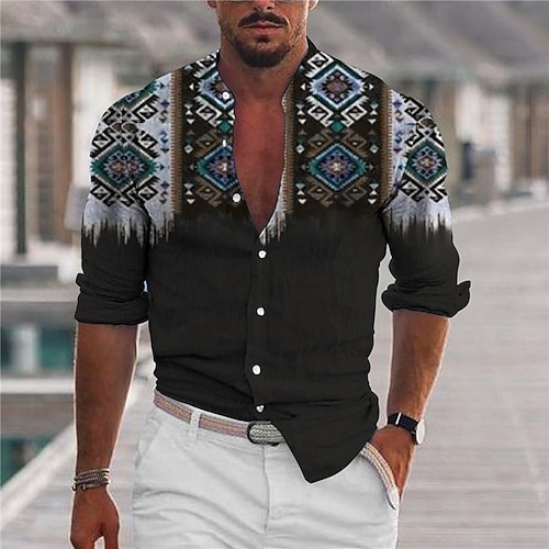 

Men's Shirt Geometry Stand Collar Black Long Sleeve 3D Print Outdoor Casual Button-Down Print Tops Fashion Designer Casual Comfortable / Sports