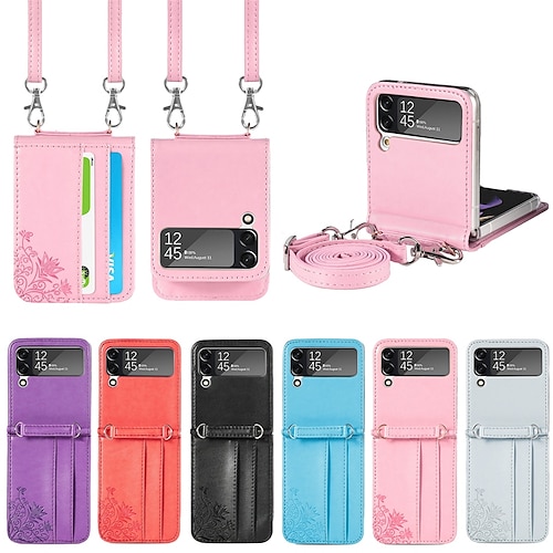 

telefon Etui Til Samsung Galaxy Håndveske Flip Case Z Flip 4/3/2 Flipp med justerbar nakkestropp Spor for kortholder Ensfarget Blomsternål i krystall Lerret PU lær