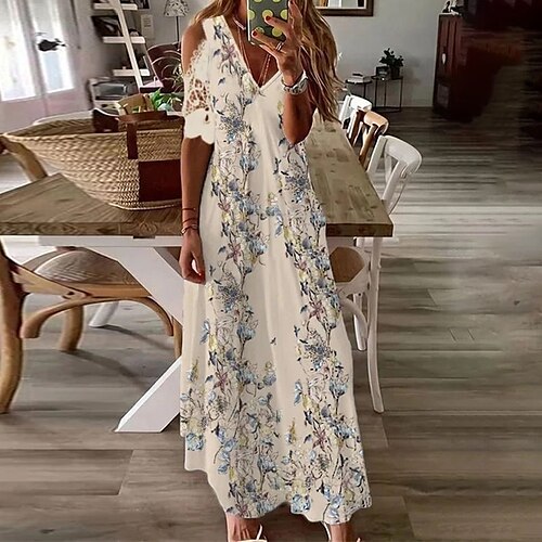

Women's A Line Dress Floral Dress Maxi long Dress Black Blue Pink Beige Light Blue Half Sleeve Floral Cold Shoulder Print Spring Summer V Neck Casual Romantic Modern 2022 S M L XL XXL 3XL 4XL 5XL