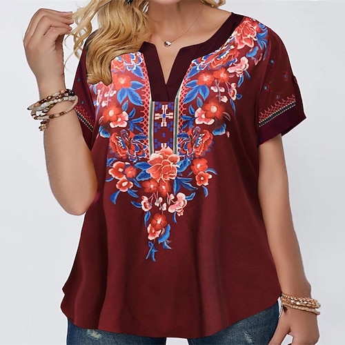 

Women's Plus Size Tops Blouse Shirt Floral Print Short Sleeve V Neck Basic Daily Vacation Polyester Spring Summer White Black