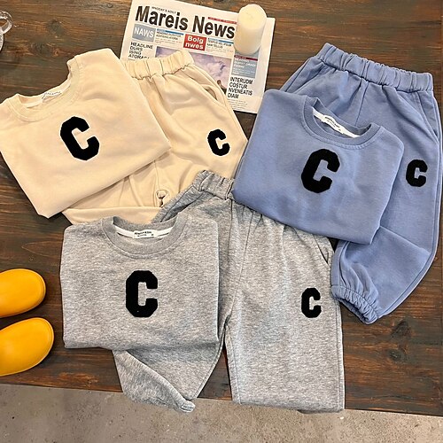 

2 Pieces Kids Boys Hoodie & Pants Clothing Set Outfit Solid Color Long Sleeve Cotton Set Sports Fashion Casual Winter Fall 2-8 Years Blue Beige Grey