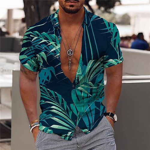 

Men's Shirt Graphic Shirt Leaves Turndown Green 3D Print Outdoor Street Short Sleeves Button-Down Print Clothing Apparel Fashion Designer Casual Breathable / Summer / Spring / Summer