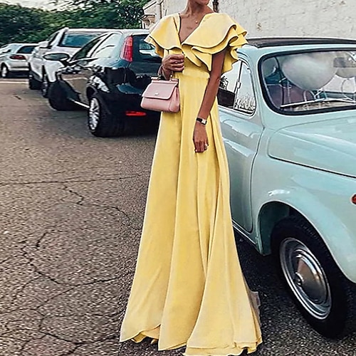 

Women's Jumpsuit High Waist Ruffle Solid Color V Neck Elegant Party Going out Regular Fit Short Sleeve Yellow S M L Spring