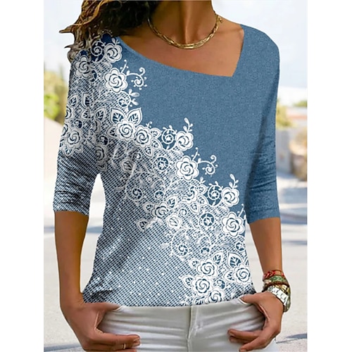 

Women's T shirt Tee Flower Casual Daily Holiday T shirt Tee Long Sleeve Patchwork Print V Neck Basic Blue S / 3D Print