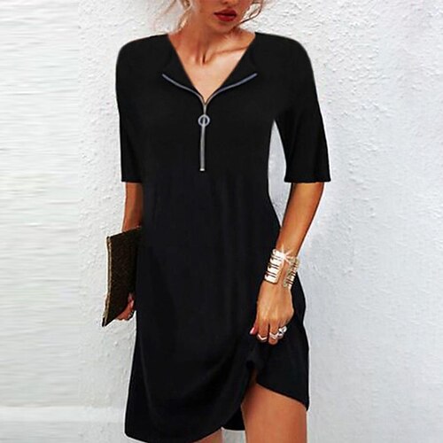 

Women's T Shirt Dress Tee Dress Knee Length Dress Black Half Sleeve Pure Color Zipper Fall Winter Shirt Collar Casual Modern 2022 S M L XL XXL 3XL 4XL 5XL