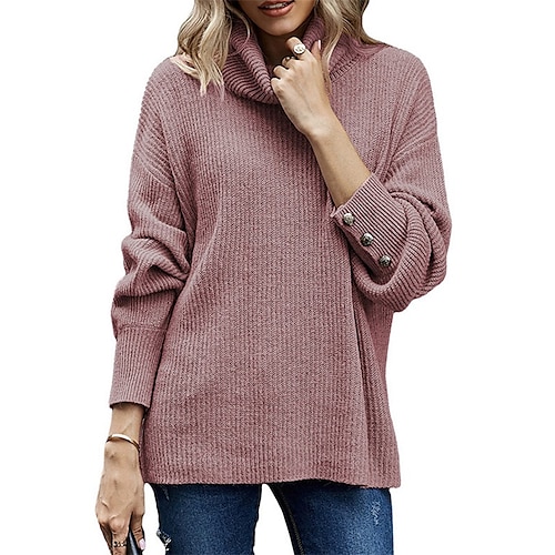 

Women's Pullover Sweater Jumper Ribbed Knit Knitted Button Pure Color Turtleneck Stylish Casual Daily Holiday Fall Winter White Gray S M L / Long Sleeve