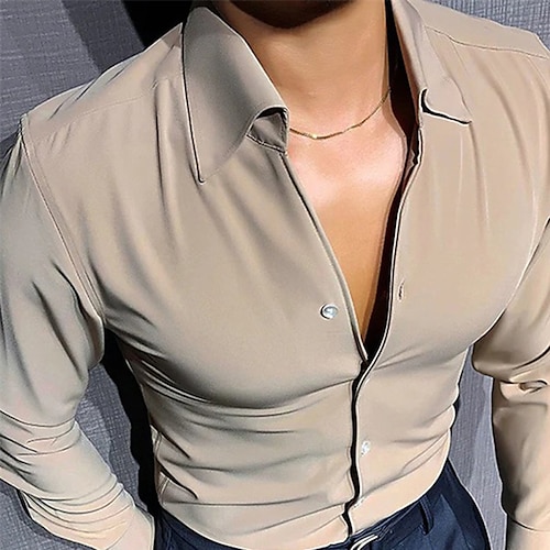 

Men's Dress Shirt Solid Color Turndown Light Brown Wedding Work Long Sleeve Button-Down Clothing Apparel Business Comfortable Smart Casual