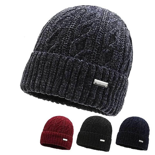 

Herre Beanie lue Marineblå Svart polyester Strikket Fleece utendørs Hverdag Geometrisk mønster Vindtett Varm