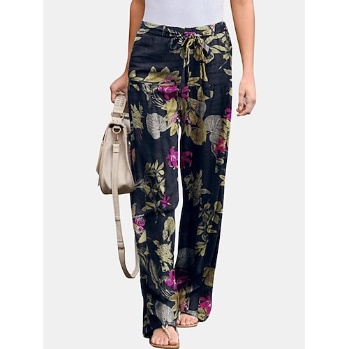 

Women's Wide Leg Chinos Pants Trousers Linen / Cotton Blend Picture color 1 Picture color 2 Picture color 3 Mid Waist Fashion Casual Weekend Print Micro-elastic Full Length Comfort Flower / Floral S