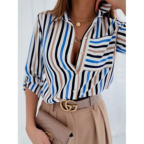 

Women's Blouse Shirt Blue Fuchsia Khaki Floral Striped Button Print Long Sleeve Streetwear Casual Shirt Collar Regular Floral S