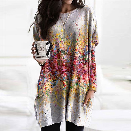 

Women's Casual Dress Shift Dress Midi Dress Blue Yellow White Long Sleeve Floral Pocket Winter Fall Autumn Crew Neck Winter Dress Fall Dress Loose Fit 2022 S M L XL XXL 3XL