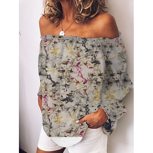 

Women's Shirt Floral Holiday Weekend Floral Shirt Long Sleeve Off Shoulder Print Off Shoulder Casual Streetwear Gray S / 3D Print