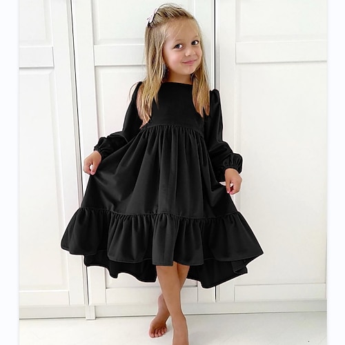 

Kids Little Girls' Dress Solid Colored A Line Dress Daily Vacation Green Black Pink Asymmetrical Long Sleeve Princess Sweet Dresses Fall Winter Regular Fit 2-8 Years