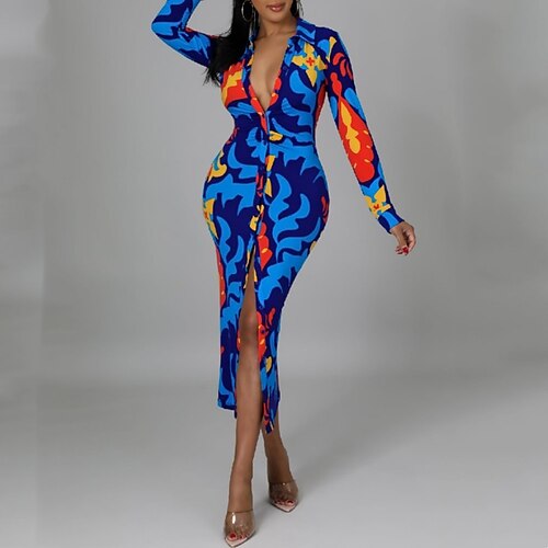 

Women's Shirt Dress Bodycon Sheath Dress Midi Dress Blue Long Sleeve Geometric Print Winter Fall Stand Collar African Winter Dress Fall Dress 2022 S M L XL