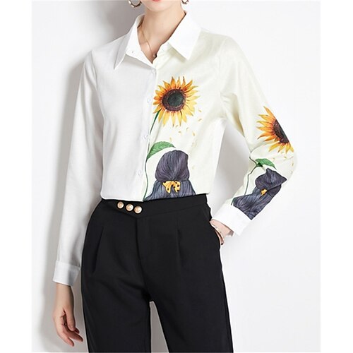 

Women's Shirt Blouse White Graphic Sunflower Print Long Sleeve Casual Daily Vintage Casual Shirt Collar Floral M