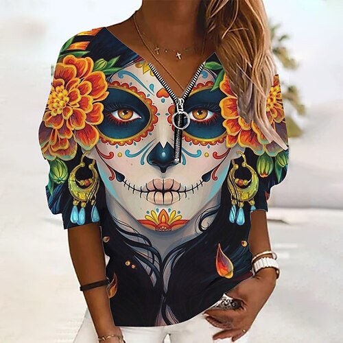 

Women's Sweatshirt Pullover Floral Skull Pumpkin Quarter Zip Print V Neck Daily Sports 3D Print Active Streetwear Hoodies Sweatshirts White Black Gray