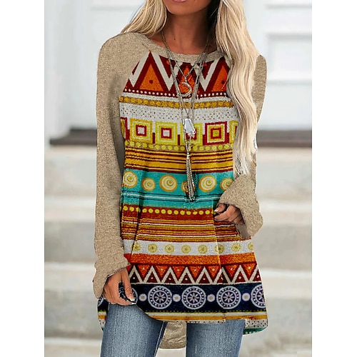 

Women's T shirt Tee Geometric Casual Weekend Geometric Painting T shirt Tee Long Sleeve Print Round Neck Basic Ethnic Khaki S / 3D Print