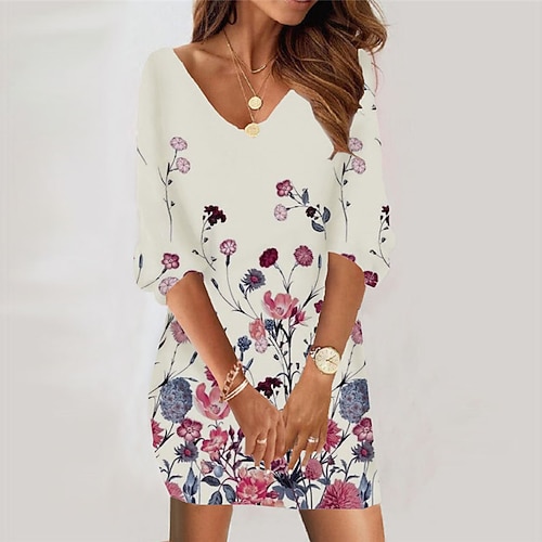

Women's Casual Dress Bodycon Short Mini Dress Beige 3/4 Length Sleeve Floral Print Fall Winter V Neck Casual Vacation Loose 2022 S M L XL XXL 3XL