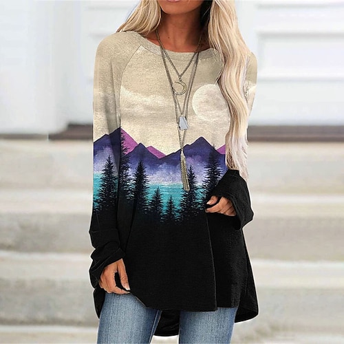 

Women's T Shirt Dress Tee Dress Short Mini Dress Purple Yellow Khaki Long Sleeve Print Print Fall Winter Crew Neck Casual 2022 S M L XL 2XL 3XL 4XL 5XL 6XL 7XL