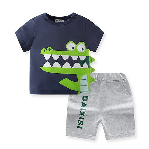 

Kids Boys Clothing Set 2 Pieces Short Sleeve Blue Yellow Dinosaur Crewneck Street Sports Casual Street Style Regular Knee-length 3-10 Years
