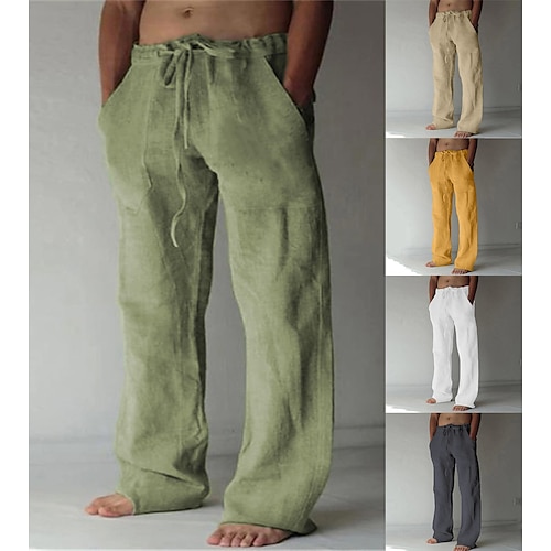 

Men's Linen Pants Trousers Baggy Casual Pants Drawstring Front Pocket Straight Leg Solid Color Comfort Soft Full Length Daily Yoga Linen / Cotton Blend Fashion Green Yellow