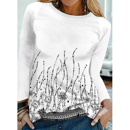 

Women's T shirt Tee White Floral Print Long Sleeve Casual Holiday Basic Round Neck Regular Floral Painting S