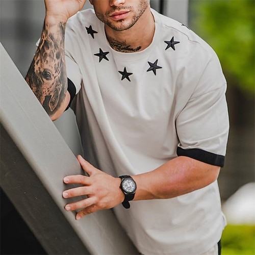 

Men's Unisex T shirt Tee Star Graphic Prints Crew Neck Khaki Outdoor Street Short Sleeve Print Clothing Apparel Sports Designer Casual Big and Tall / Summer / Summer