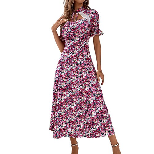 

Women's A Line Dress Midi Dress Light Pink Purple Fuchsia Lavender Red Short Sleeve Floral Chiffon Patchwork Print Summer High Neck Fashion Modern Puff Sleeve 2022 S M L XL