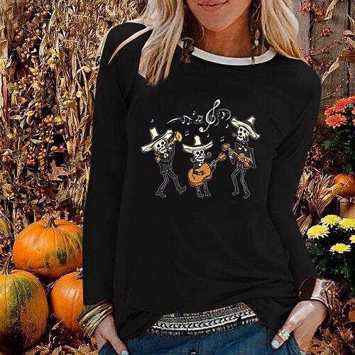 

Women's T shirt Tee Graphic Halloween Casual Weekend T shirt Tee Long Sleeve Round Neck Basic Halloween White Black Gray S