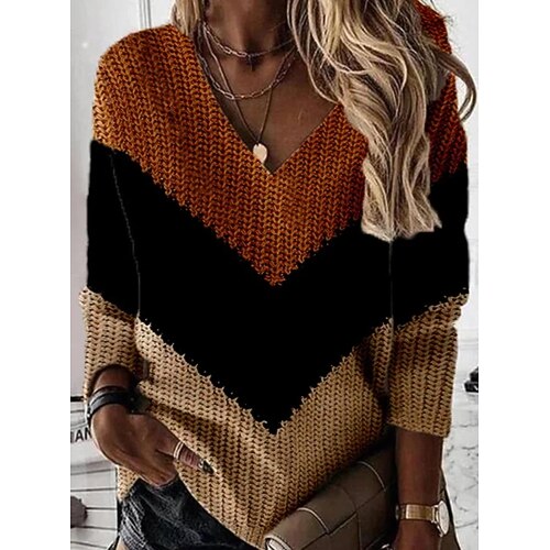 

Women's Pullover Sweater jumper Jumper Crochet Knit Cropped Knitted Color Block V Neck Casual Daily Holiday Winter Fall Khaki S M L / Long Sleeve / Regular Fit
