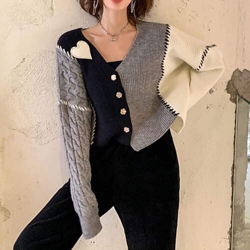 

Women's Cardigan Sweater Jumper Ribbed Knit Knitted Asymmetric Hem Heart V Neck Stylish Casual Daily Going out Fall Winter Black Pink One-Size / Long Sleeve / Color Block / Regular Fit