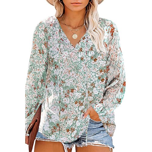 

Women's Plus Size Tops Blouse Floral Ruched Lace up Long Sleeve V Neck Streetwear Daily Going out Polyester Fall Spring Green khaki / Loose Fit / Print