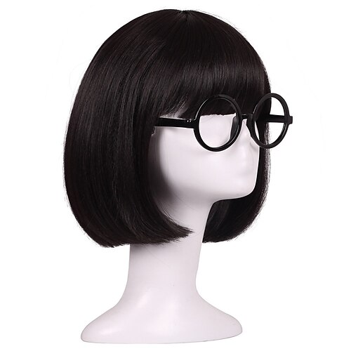 

edna mode barnestørrelse kort rett svart naturlig cosplay parykk med brilleinnfatning