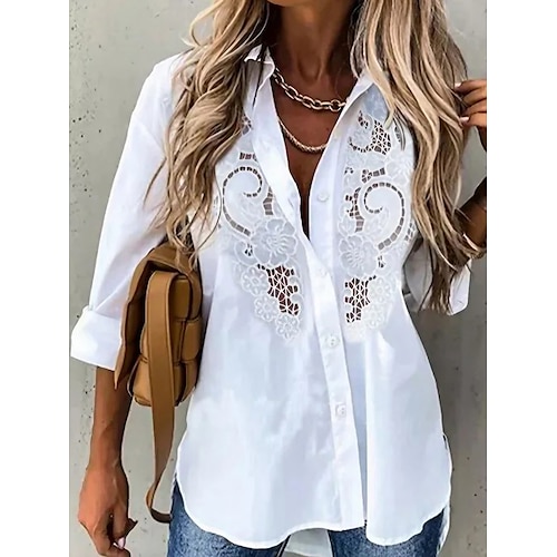 

Women's Shirt Blouse White Plain Lace Long Sleeve Casual Weekend Streetwear Shirt Collar