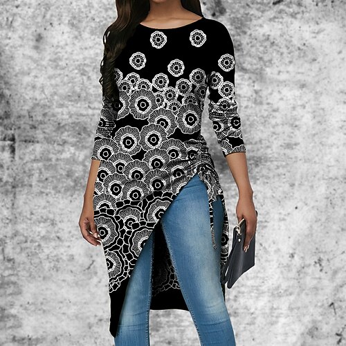 

Women's T shirt Tee Tunic Black Graphic Print Long Sleeve Casual Weekend Basic Round Neck Long Painting S