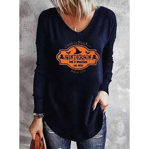 

Women's T shirt Tee Green Blue Black Letter Ghost Print Long Sleeve Home Halloween Basic V Neck Regular Loose Fit S