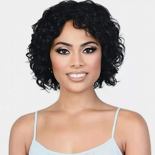 

Remy Human Hair Wig Short Wavy Pixie Cut Natural Black Adjustable Natural Hairline For Black Women Machine Made Capless Chinese Hair All Natural Black #1B 10 inch Daily Wear Party & Evening