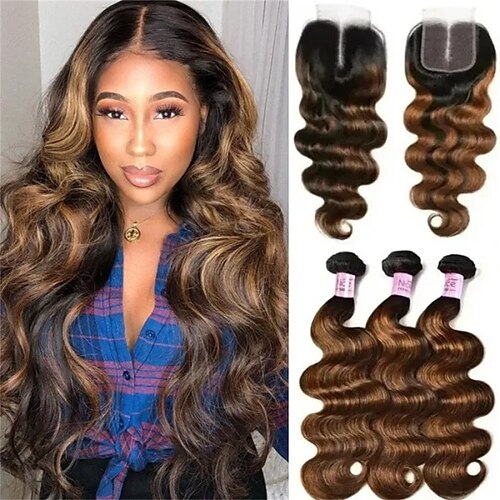 

3 Bundles with Closure Hair Weaves Brazilian Hair Body Wave Human Hair Extensions Human Hair Extension Weave 14-20 inch Black Women Easy dressing Comfy / Daily Wear / Party / Evening / Party