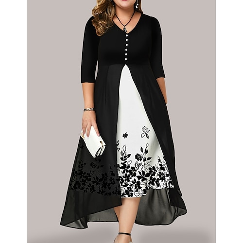 

Women's Plus Size Two Piece Dress Floral V Neck Layered 3/4 Length Sleeve Winter Fall Elegant Maxi long Dress Work Date Dress