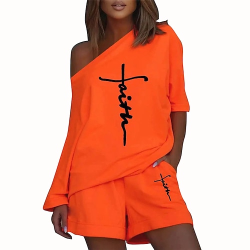 

Women's Loungewear Sets Nighty 2 Pieces Letter Simple Comfort Home Daily Cotton Blend Off Shoulder Long Sleeve Hoodie Shorts Winter Fall Orange White