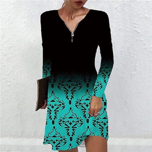 

Women's T Shirt Dress Tee Dress A Line Dress Short Mini Dress Black Blue Long Sleeve Floral Zipper Print Fall Winter V Neck Casual 2022 XS S M L XL 2XL 3XL 4XL 5XL 6XL / Casual Dress