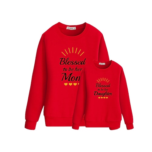 

Mommy and Me Tops Heart Letter Daily Print Red Long Sleeve Basic Matching Outfits