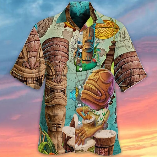 

Men's Shirt Graphic Shirt Graphic Tribal Turndown Blue-Green 3D Print Street Daily Short Sleeve 3D Button-Down Clothing Apparel Fashion Designer Casual Breathable