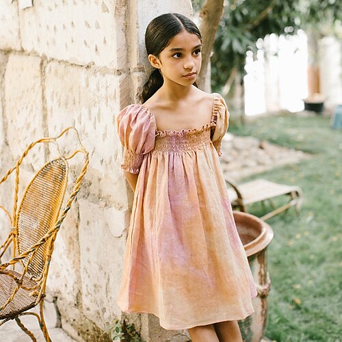 

Kids Little Girls' Dress Tie Dye A Line Dress Daily Khaki Asymmetrical Short Sleeve Beautiful Cute Dresses Spring Summer Regular Fit 2-8 Years